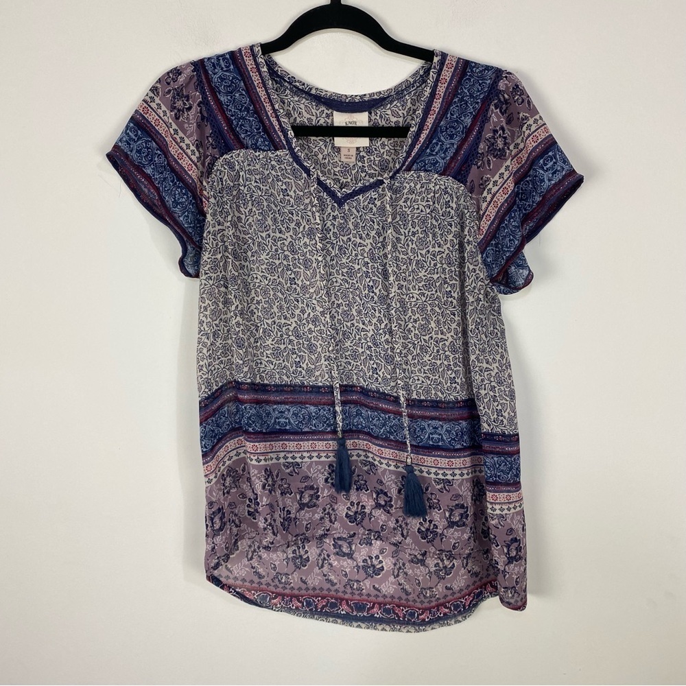 Knox Rose Tassel Short Sleeve Boho Sheer Blouse Top